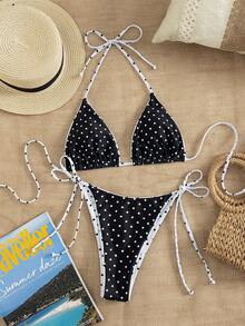 Bộ bikini buộc dây cổ gợi cảm họa tiết da báo mùa hè 2023, thích hợp cho kỳ nghỉ biển. - Chấm đen và trắng - Xem 4