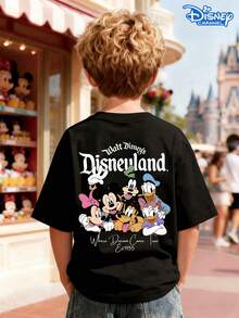 Disneyland Family Double-Sided Print Kids T-Shirt, Black Loose Crew Neck Top, Small Character Lineup Front + Mickey, Minnie & Friends Back, With "Where Dreams Come True" Slogan, Full Of Vibe, Breathable Skin-Friendly, All-Match For Summer Park & Street, Unisex - Black - View 3