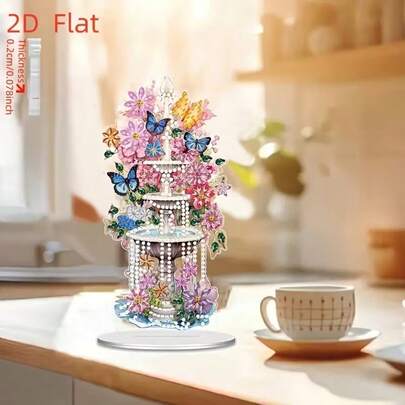 1pc 2D Flat DIY Diamond Painting Kit - Asymmetrical Acrylic Fountain Floral Pattern Craft - Gem Embedded Desktop Decor For Home And Bedroom