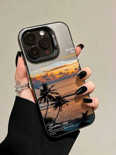1pc Black Energetic Coconut Tree Seascape Pattern Phone Case, Compatible With IPhone XR 11 12 13 14 15 16 Plus 17 Pro Max Air Series, Durable Protection And Stylish Appearance, Perfect As Birthday Or Valentine's Day Gift For Him/Her