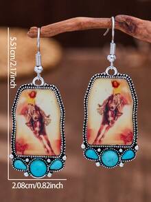 Retro Cowgirl Western Bullfighting Pattern Turquoise Dangle Earrings Women, Bohemian Dangle Earrings, Suitable For Cowgirls To Wear At Daily Holiday Parties, Ladies' Gift - Multicolor - View 4