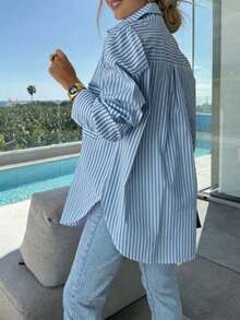 大码女式蝙蝠袖条纹衬衫，休闲宽松版型，适合春夏穿着，工作和日常穿着皆宜。 - 藍色 - 查看 8