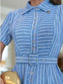 Rubia Maxi Midi Modesto Striped Shirt Dress – 100% Polyester Santorini, Functional Front Buttons And Belt - Blue - View 4