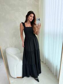 Long Dress With Lace Detail At The Waist In Duna Fabric - Black - View 3