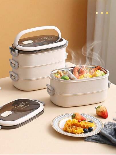 1 hộp cơm trưa cách nhiệt siêu dài bằng thép không gỉ 304, hộp bento 3 tầng, hai lớp, di động & có thể tháo rời, dễ dàng vệ sinh.