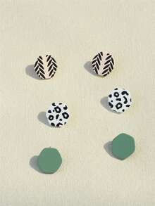 3 Pairs Geometric Hexagon, Leopard Print, Leaf Pattern Acrylic Earrings, Personalized Design, Elegant Quality For Women - Multicolor - View 7