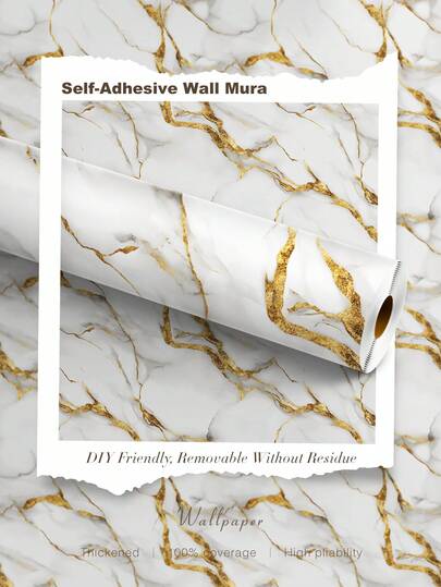 BVL 1 Roll 0.24mm White Gold-Plated Marble Patterned Vinyl Wallpaper Peel And Paste Removable Self-Adhesive Wall Wallpaper Decorative Wall Stickers Home Decoration And Accessories Kitchen Wallpaper