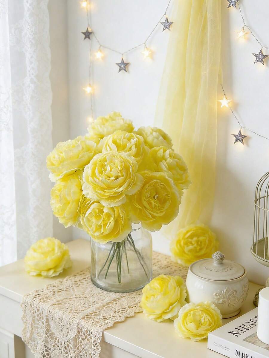 6/36支人造牡丹花带茎，适用于婚礼派对装饰、蛋糕装饰、家居客厅餐桌装饰、仿真植物、秋季装饰、房间装饰、书桌装饰、花园装饰等。 - 黃色 - 查看 1