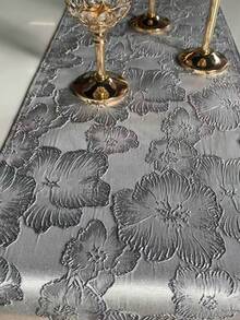 HXARTMIS 1pc Elegant Grey 3D Jacquard Table Runner, Vintage Floral Embossed Tassel Table Runner, Modern Luxury Dining Table Decor Suitable For Restaurant, Home Decoration - Grey - View 9