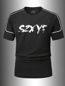 1 pieza Camiseta estampada con puños elásticos de estilo deportivo para hombre, primavera/verano - Negro - Ver 1