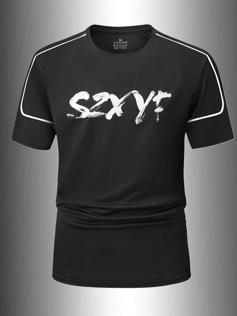 1 pieza Camiseta estampada con puños elásticos de estilo deportivo para hombre, primavera/verano - Negro - Ver 1