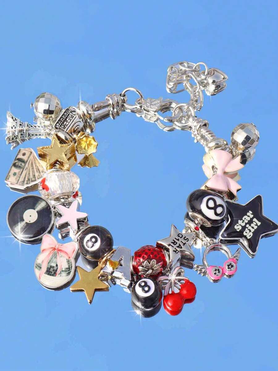 1pc Music Star Girl Charm Bracelet, Black Lucky Bracelet, Disco Ball Music Bracelet, Music Festival Headphone Guitar Bracelet, Retro Bow Bracelet