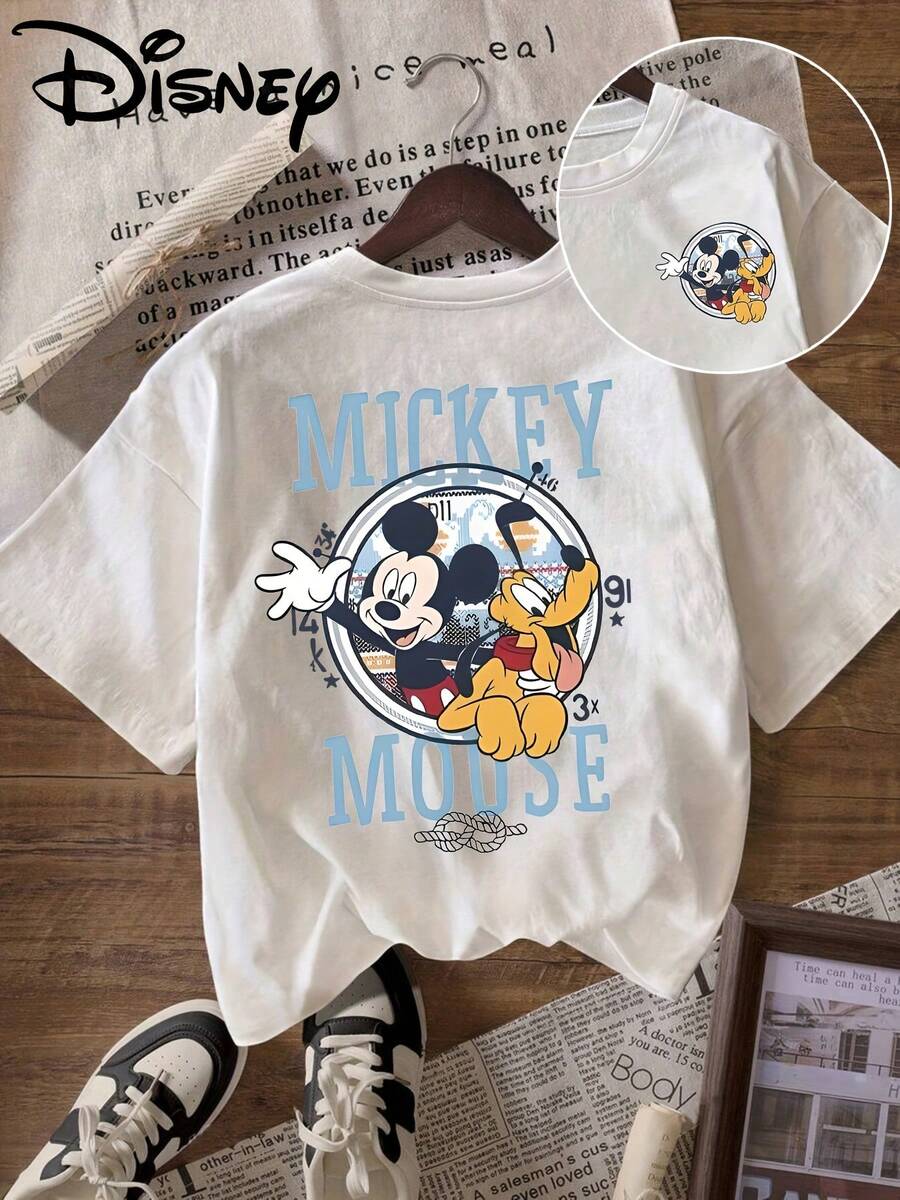 Disney 'Mickey Mouse Clubhouse Mickey And Pluto' Patterned Printed T-Shirt, Round Neck Pullover Women'S Casual Sports Short-Sleeve Top - 白色 - 查看 1