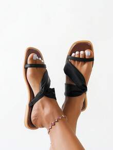 女士黑色时尚仙女风沙滩拖鞋，简约网纱明星设计露趾平底凉鞋 - 黑色 - 查看 5