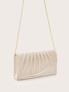 Luxury Champagne Pleated Clutch, Satin & Gold Wave Trim Evening Bag For Prom & Cocktail - Apricot - View 6