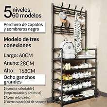EDVELLA 5 niveles organizador multifuncional vertical, perchero para zapatos y abrigos de 168 cm de alto con 8 ganchos, mueble de almacenamiento para ropa, sombreros y zapatos con estantes de gran capacidad, mueble independiente ahorrador de espacio para entrada, pasillo, oficina y apartamentos pequeños, diseño nórdico moderno - Negro - Ver 4