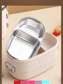 1 hộp cơm trưa cách nhiệt siêu dài bằng thép không gỉ 304, hộp bento 3 tầng, hai lớp, di động & có thể tháo rời, dễ dàng vệ sinh. - Màu be - Xem 5
