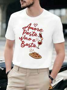 Italienisches Pasta-Wein-Liebes-T-Shirt für den Herbst, 100 % Baumwolle, auff?lliger Print, l?ssig, atmungsaktiv - Weiss - Übersicht 1