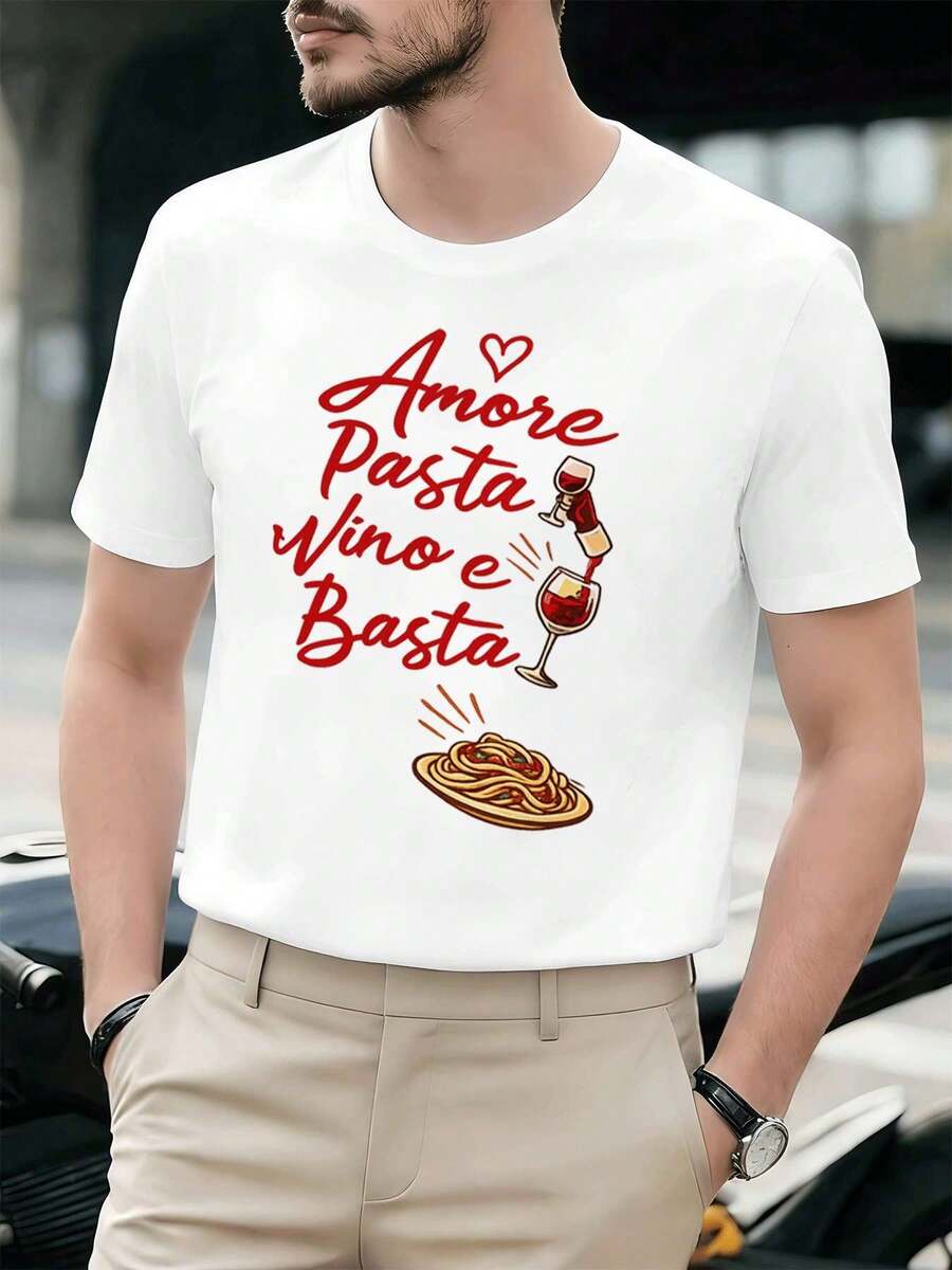 Italienisches Pasta-Wein-Liebes-T-Shirt für den Herbst, 100 % Baumwolle, auff?lliger Print, l?ssig, atmungsaktiv - Weiss - Übersicht 1