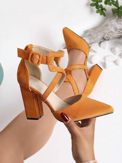 Women's Pointed Toe Fashion Hollow Out Chunky Heel Black High Heels