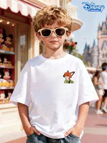 Disney Zootopia Nick Double-Sided Print Kids T-Shirt, White Loose Crew Neck Top, Small Fox Logo Front + Big Nick Print Back, "CRAZY" Slogan, Full Of Cool Vibe, Breathable Skin-Friendly, All-Match For Summer Park & Street, Unisex - White - View 2