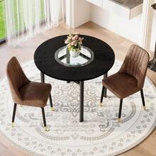 Modern Minimalist Round Table Set (With 2 Brown Technical Fabric Armchairs And Black Metal Legs), 100 Cm Diameter Round Table With Black Wood Look, Suitable For The Living Room. - Khaki - View 3