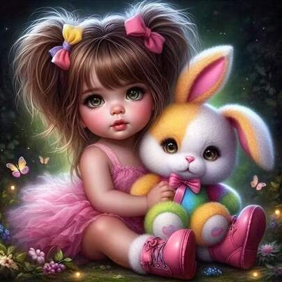 1套[30*30厘米/11.8*11.8英寸][40*40厘米/15.7*15.7英寸]5D亚克力钻石画套装，女孩拥抱兔子玩偶图案，适合成人初学者DIY马赛克钻石画，全钻手工DIY钻石画，适用于客厅、卧室、办公室墙面装饰画，惊喜艺术家居装饰礼物，送给家人和朋友