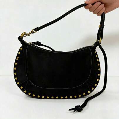 IS 2026 New French Classic Retro Rivet Classic Half-Moon Bag, Heavy Industry Rivet Design, Crescent-Shaped Genuine Leather Shoulder Bag, Suede Plain Crossbody Bag, Retro Style, Personality Fashion Handbag