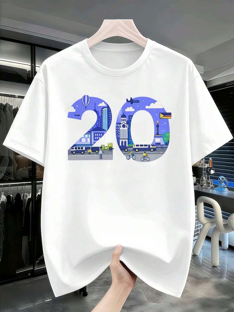 White T-Shirt With City Motif No. 20, Spring, Premium Fabric, Art Print, Casual, Breathable - 白色 - 查看 1