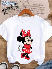[Disney Licensed] Sweet And Cute! Classic Polka Dot Minnie Mouse Print Women's T-Shirt, Casual And Stylish Round Neck Short Sleeve Summer Top, Retro Cartoon Shirt, Perfect For Outdoor And Everyday Casual Wear - White - View 2