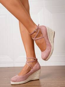 Women's Espadrilles Faux Leather Wedge Sandals, Summer Vacation Slip-On Square Toe 3.15in Heel Ankle Strap Shoes, Comfortable Straw Woven Hollow-Out Shoes, Size 34-43 - Baby Pink - View 8