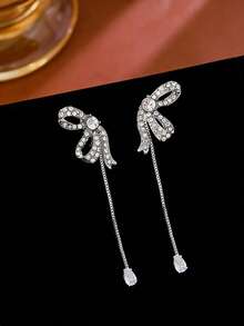 1对可爱蝴蝶结耳环，奢华小众设计长流苏耳环，百搭清新女士耳环 - 銀色 - 查看 3