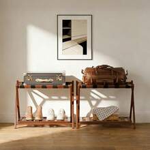 バゲージラック 組み立て済み 折りたたみ式 竹製 5本ベルト キャリーケース スーツケース 置き場 バケージスタンド スーツケース台 荷物置き ホテル 玄関 2段収納 スーツケース・靴・小物置き ナチュラル 2個入り - ブラウン - チェックする 3