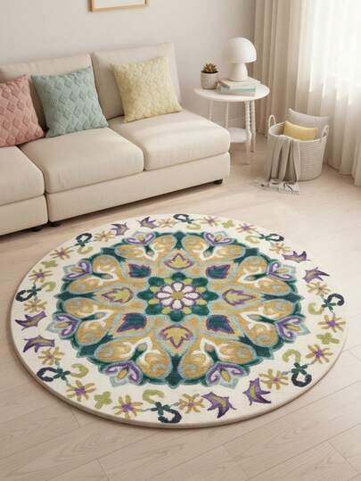 1pc Colorful Geometric Floral Print Decorative Rug, Beautiful Round Carpet, Retro Printed Decorative Rug! Multi-Size Easy To Clean Rug, Decorative Rug, Bedroom Decor, Small Rug, Carpet, Home Decor, Living Room Rug, Living Room Small Rug, Bedroom Rug, Living Room Home Decor, Outdoor Rug, Washable Rug
