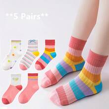 5 Pairs 2026 Spring/Summer New Kids' Mesh Socks, Girls' Breathable Heart & Rainbow Mid-Calf Socks, Middle School Students' Sports & Campus Versatile Socks, Summer Little Girls' Heart & Rainbow Stripe Thin Breathable Socks, Back To School Essential - Multicolor - View 4