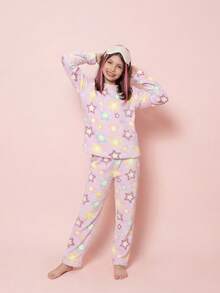 Children's Plush Teddy Pajamas For Winter, Cold Weather, Closed, Pink Star - 查看 4