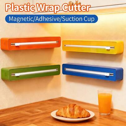 1pc 2-In-1 Kitchen Cling Film Dispenser With Cutter, Plastic Food Wrap Roll Holder - Multi-Functional Plastic Cutter For Cling Film, Baking Paper, And Foil - Essential Kitchen Organizer For Food Preservation And Storage, Magnetic Design, Hook&Loop Design, Suction Cup Design, Portable For Kitchen