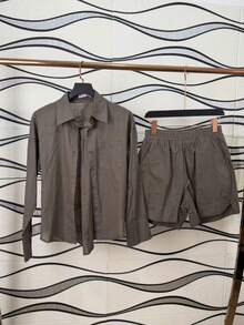 Two-Piece Linen Shirt And Shorts Set, Lined With Elastic. Summer Vacation: Perfect For Celebrating Christmas, New Year's Eve And New Year In Brazil! - 墨綠色 - 查看 4