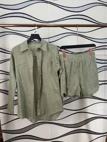 Two-Piece Linen Shirt And Shorts Set, Lined With Elastic. Summer Vacation: Perfect For Celebrating Christmas, New Year's Eve And New Year In Brazil! - 橄欖綠 - 查看 1