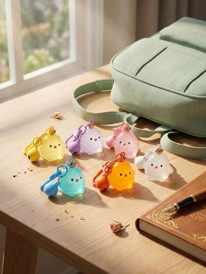 Kawaii Translucent Chick Keychain With Crown & Bell, Cute 3D Resin Bird Bag Charm, Aesthetic Bag Pendant For S, Y2K Style Bestie Matching Gift, Sweet Colorful Animal Keychain Accessory, Small Gift For S, Acrylic Keyring.