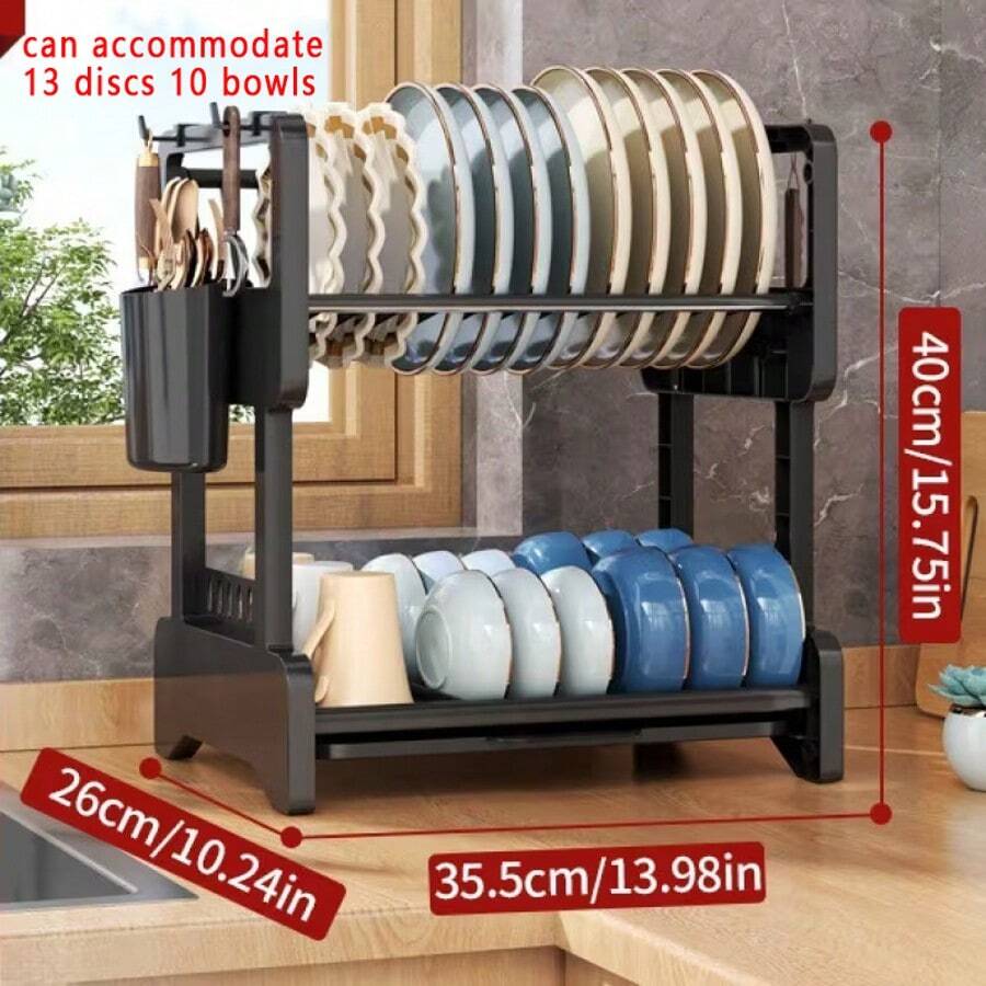 Escurreplatos, escurridor de cocina de 2 niveles, escurreplatos grande con bandeja de goteo, escurridor de platos con soporte para utensilios para platos/cuchillos/tazas/escurreplatos de Pascua