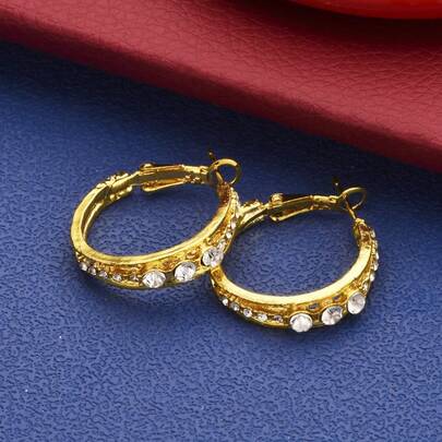 精致925纯银镀金锆石圆形耳环，女士款 - 时尚迷人的派对及婚礼配饰