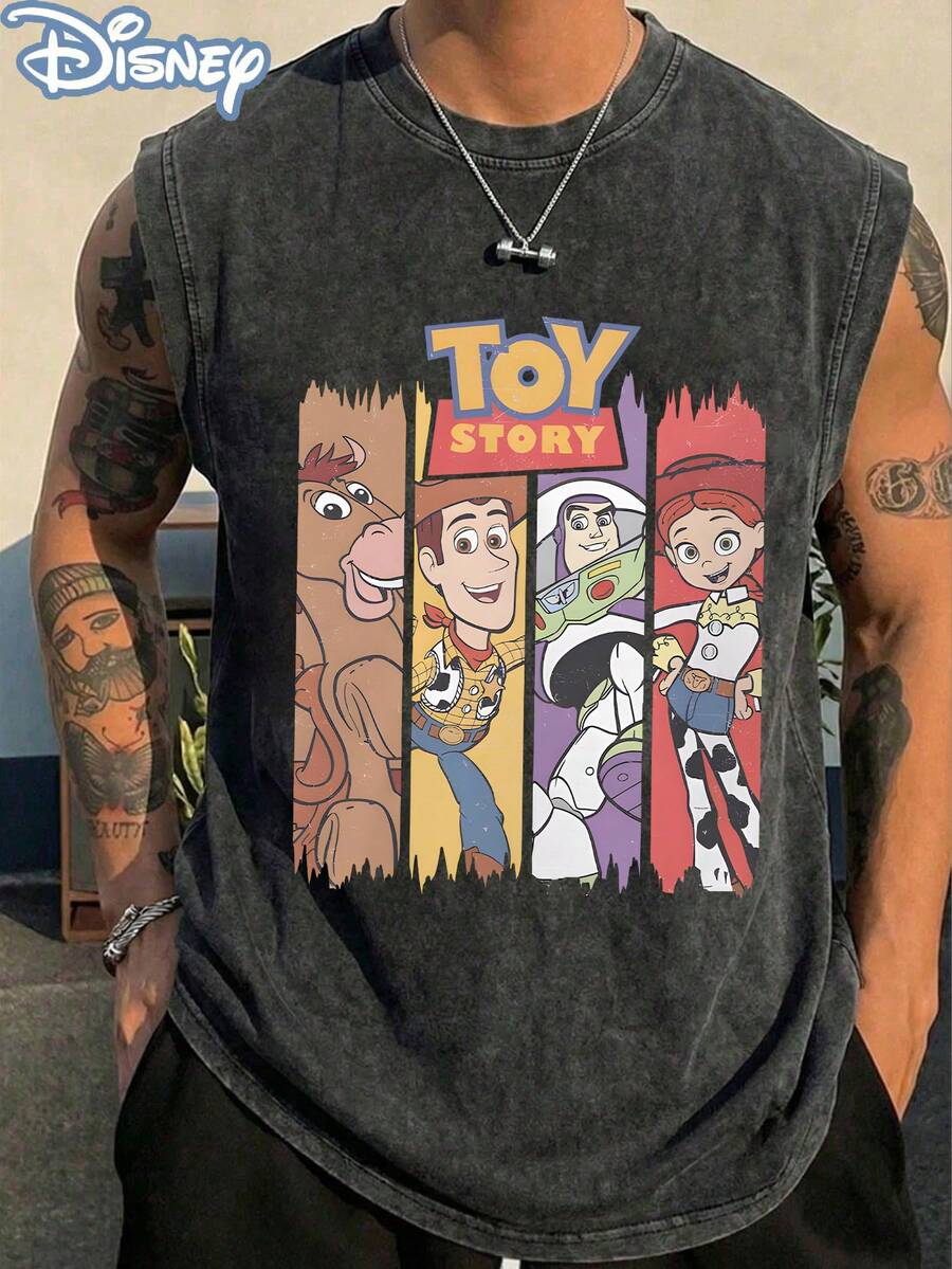 Disney Official Licensed Toy Story 4-Character Split-Screen Vintage Washed 230g Tank Top Unisex - 黑色 - 查看 1