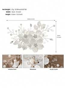 3pcs Bridal Wedding Flower Crystal Pearl Hair Clips, Rhinestone Inlaid Embossed White Flower Hair Accessories - White - View 4