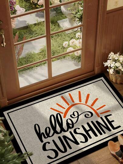 1 pieza Felpudo minimalista con estampado impreso "Hello Sunshine", de pelo corto y esponjoso, de secado rápido y antideslizante, lavable, adecuado para cocina, baño, comedor, pasillo, fiesta, decoración de primavera para patio, accesorios de verano para el jardín
