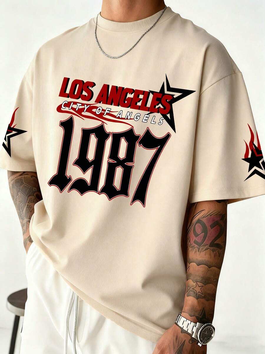 男士圆领短袖印花休闲上衣，日常穿着 - 杏色 - 查看 1