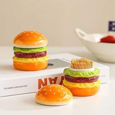 1pc Simulated Hamburger Toothpick Holder, Home Desktop Decoration, Household Light Luxury High-Grade Ceramic Toothpick Holder, High-Looking Cotton Swab Floss Storage Box Cotton Swab Storage Jar