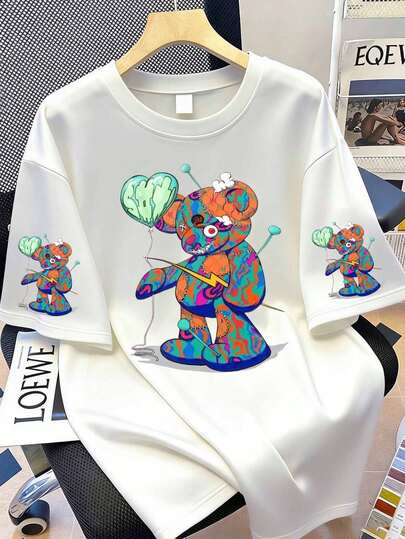 Colorful Bear Print T-Shirt, Casual Round Neck Short Sleeve T-Shirt For Spring And Summer, Women's Fashion