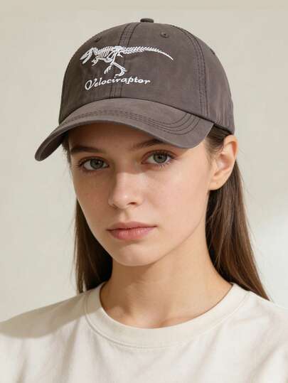 1pc Women's Casual Baseball Cap, Polyester Fabric, Dinosaur Embroidery, Solid Color, Versatile Sun Protection Hat, Suitable For Daily Outdoor Use, Spring/Summer