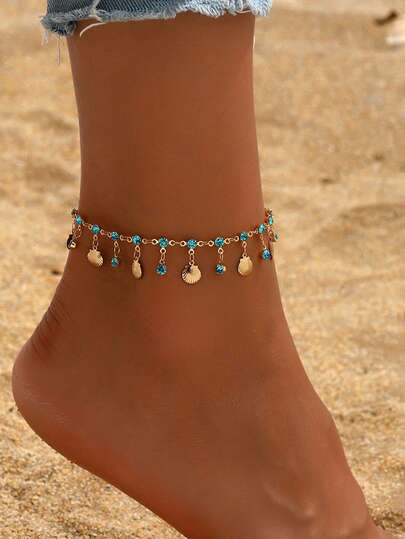 1 par de tobillera con cadena de borlas y concha con circonita azul marino de moda para la playa, estilo de lujo y nicho para resort para niñas